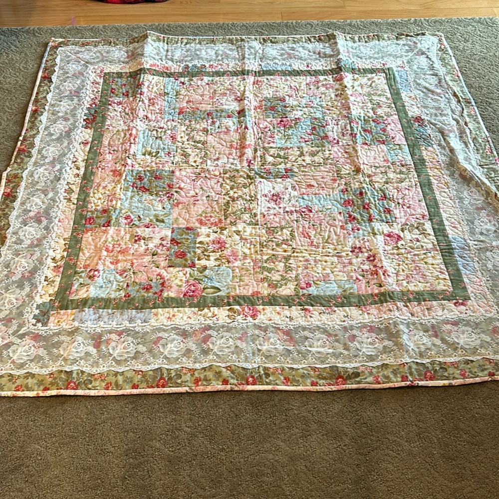 New Handmade Quilt. Mostly pinks and greens. 60”x 60”.